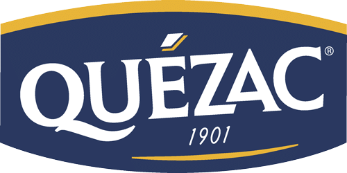 Ancien logo Quézac : blason bleu et jaune, lettrage blanc manuscrit