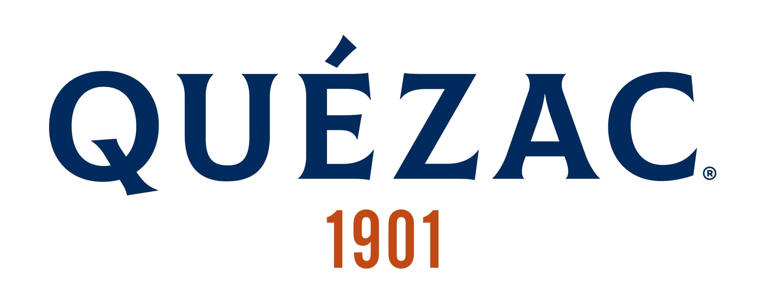 Nouveau logo Quézac créé par Studio Malto : capitales à empattements bleu marine, 1901 en orange