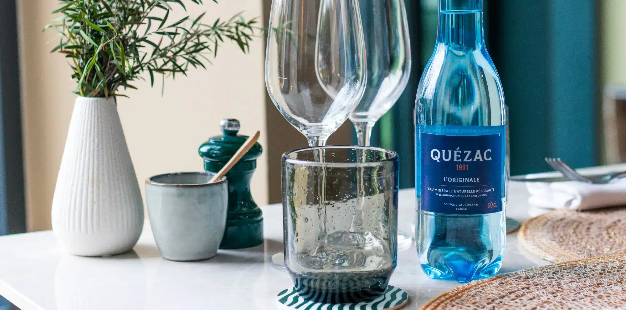 Rebranding de l'eau minérale Quézac par Studio Malto, agence de branding et web à Bordeaux